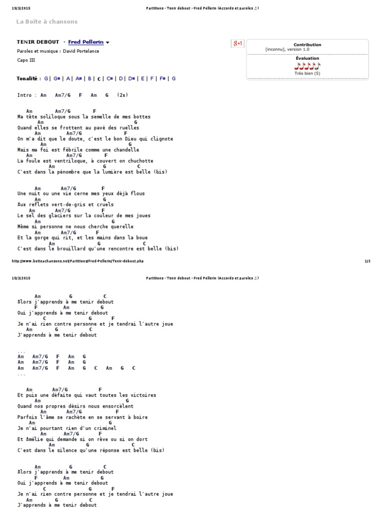 Partitions Tenir Debout Fred Pellerin Accords Et Paroles