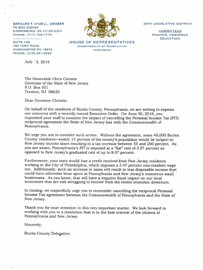 Reciprocity Letters To New Jersey Governor | PDF | Pennsylvania | New ...