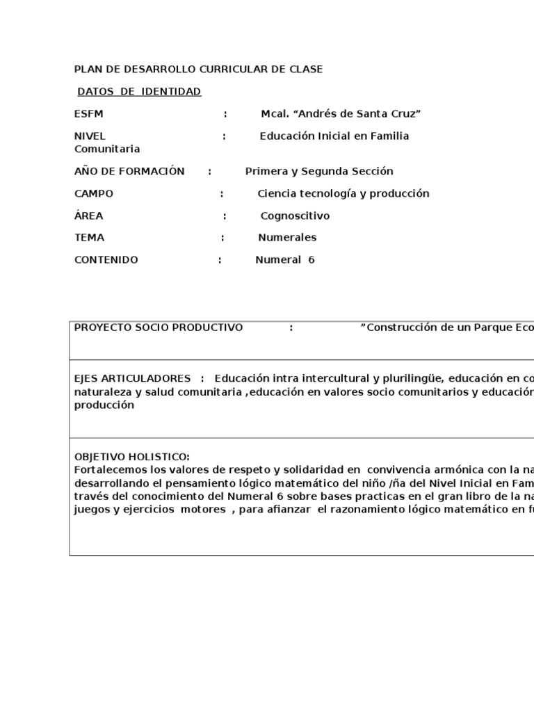 Plan de Desarrollo Curricular de Clase | PDF | Jardín de infancia ...