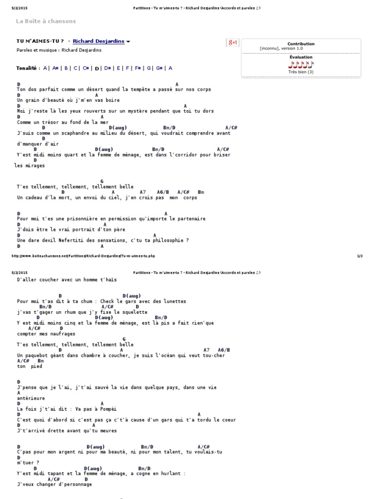 Partitions Tu M Aimes Tu Richard Desjardins Accords Et Paroles