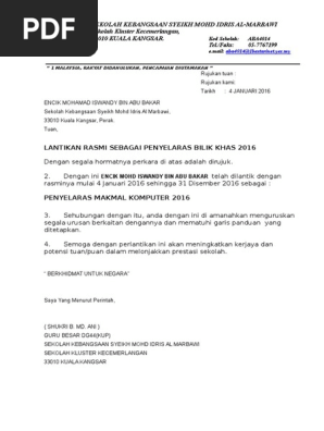 Surat Lantikan Penyelaras Bilik2 Khas | Pdf
