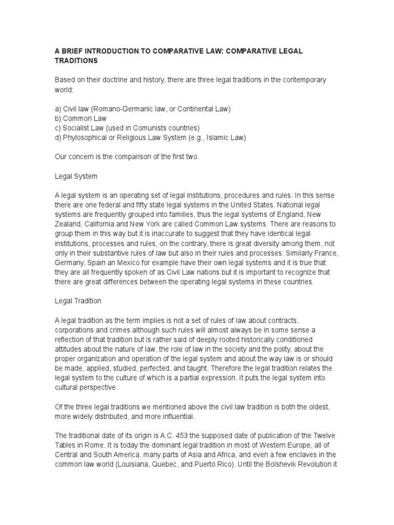 A Brief Introduction to Comparative Law Civil Law (Legal System