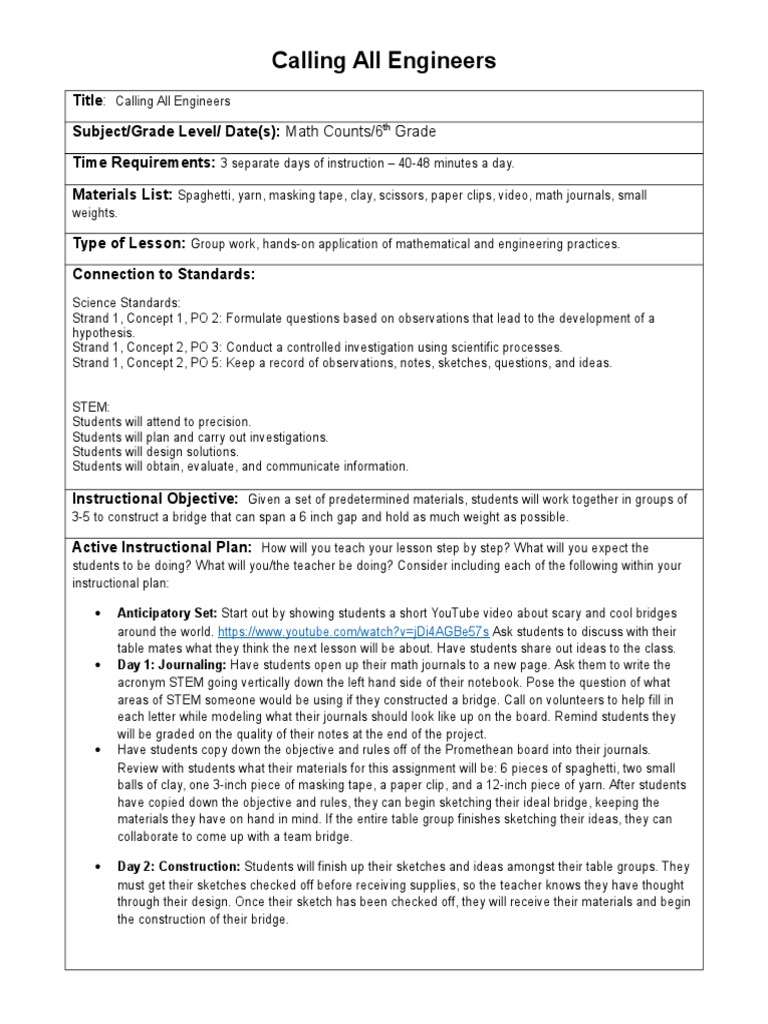 bridge building lesson plan Physics & Mathematics Mathematics