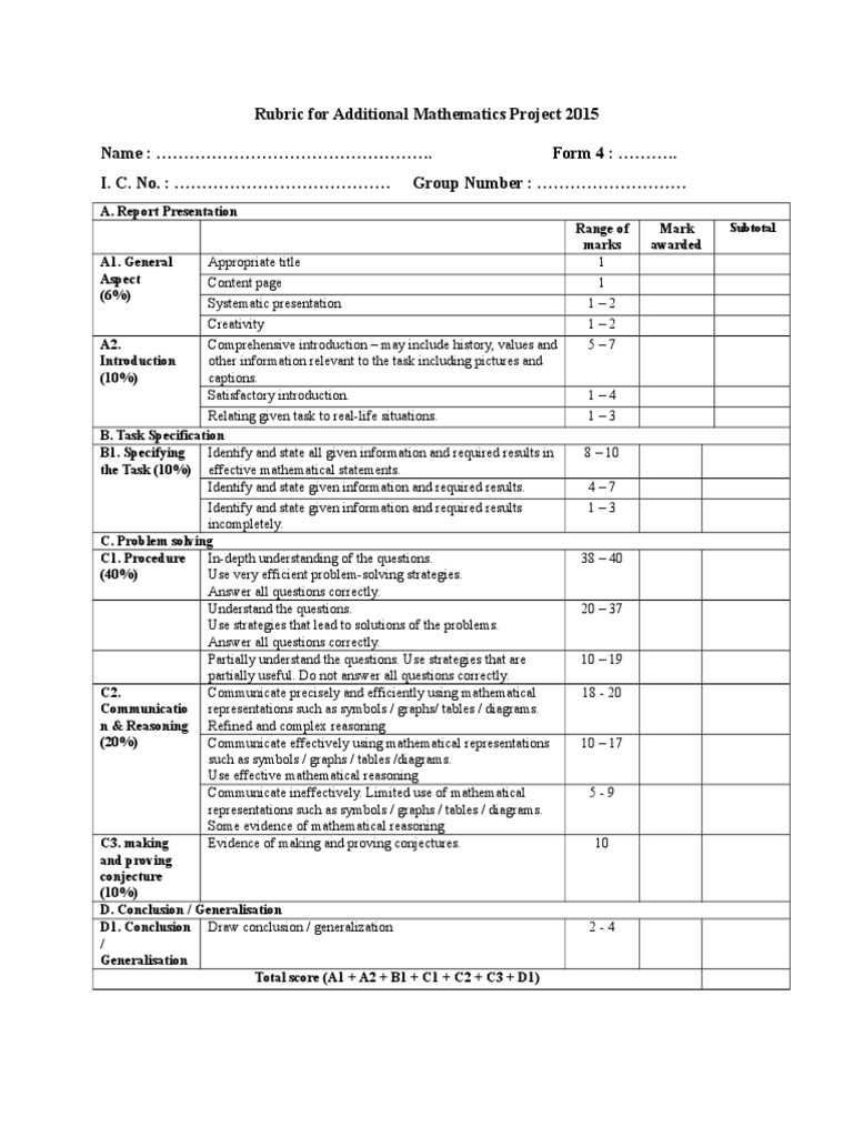 Additional Mathematics Project Rubric 2015 | PDF