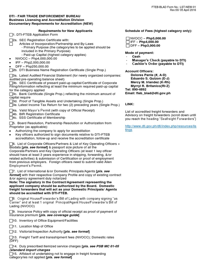DTI-FTEB Accreditation Requirements | PDF | Business | Economies