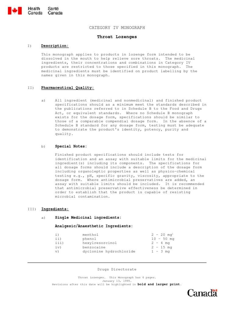 Throat Lozenges Monograph Guidelines | PDF
