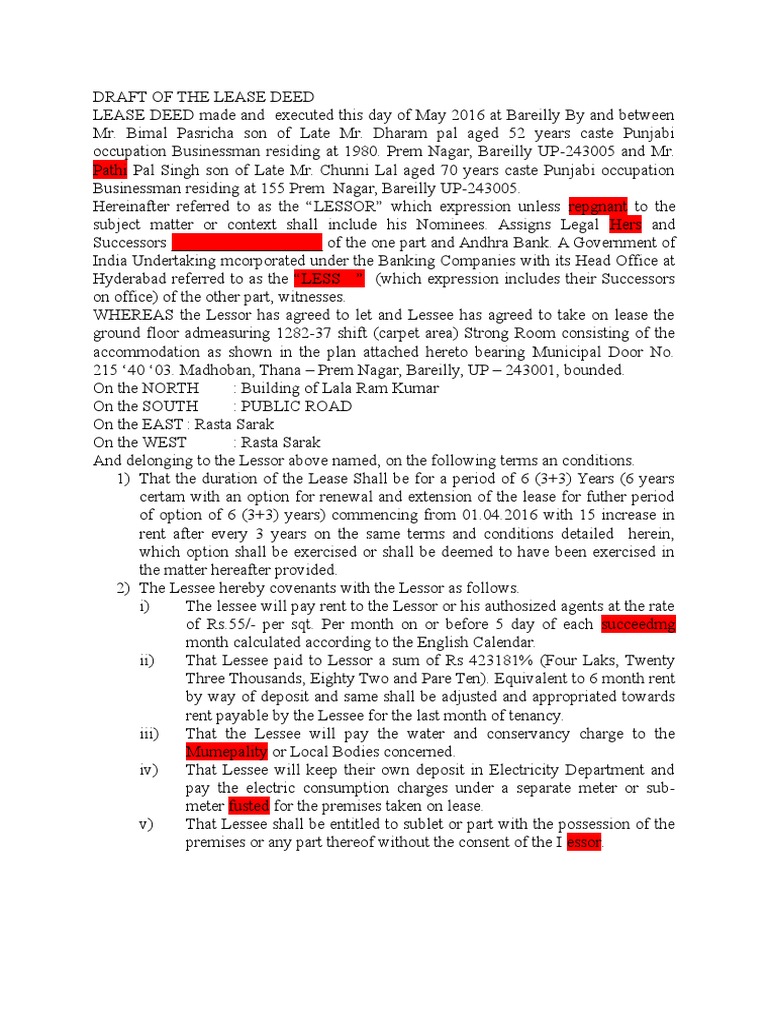 Draft of The Lease Deed | PDF | Lease | Renting