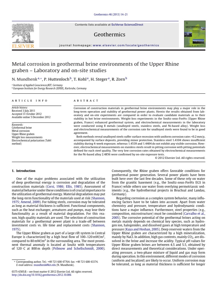 Metal Corrosion in Geothermal Brine Environments of The Upper Rhine ...