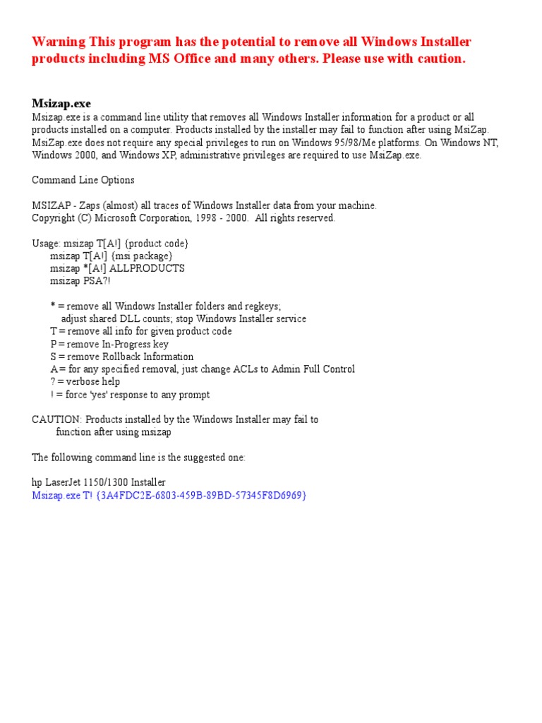 Caution: Using Msizap.exe Utility | PDF