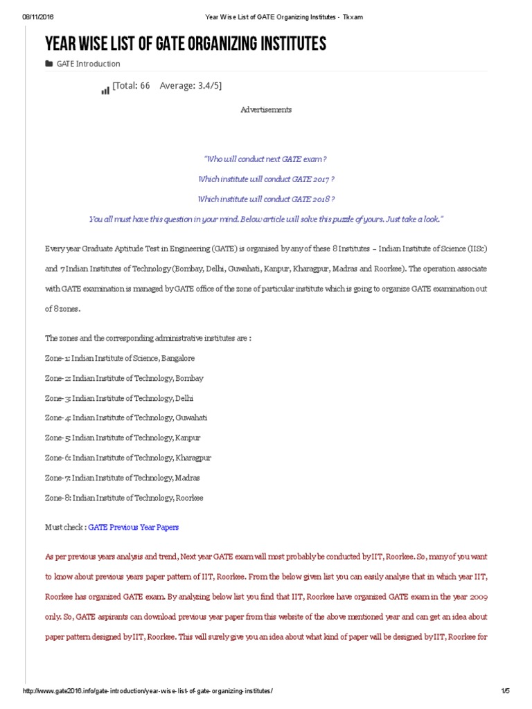Year Wise List of GATE Organizing Institutes Tkxam PDF Higher