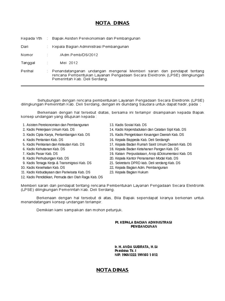Contoh Nota Dinas Contoh Nota Dinas