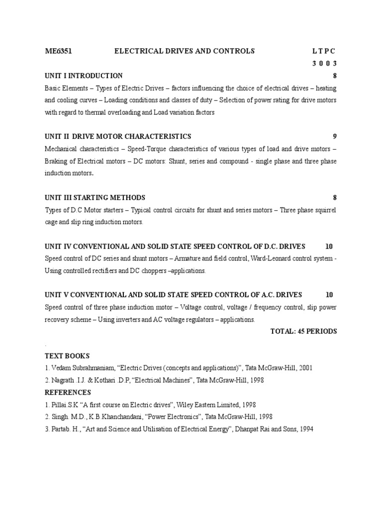 Me6351 Electrical Drives and Controls Syllabus PDF