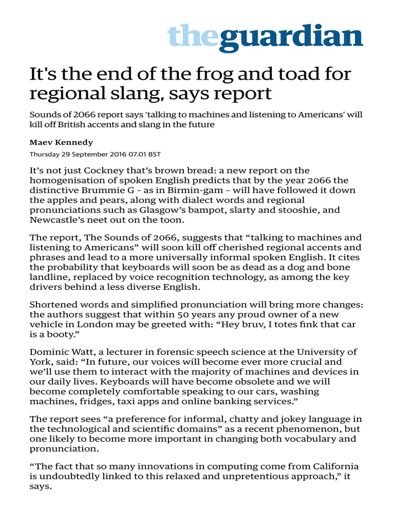 Its The End of The Frog and Toad For Regional Slang Says Report 1 PDF Accent