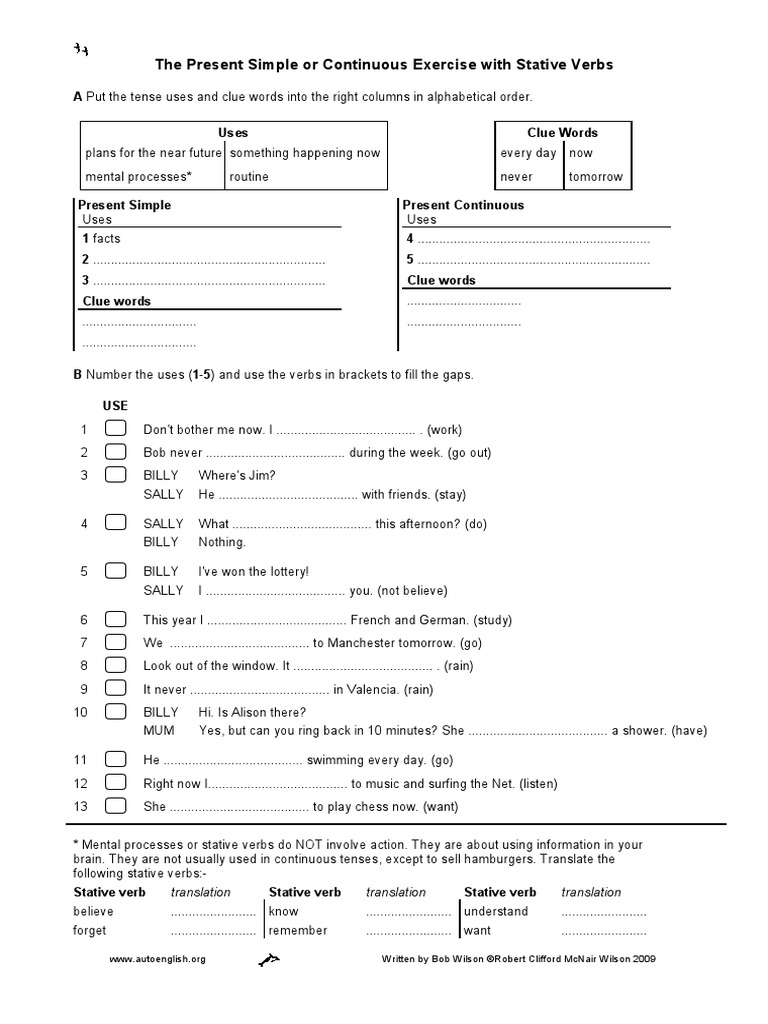The Present Simple or Continuous Exercise With Stative Verbs | PDF