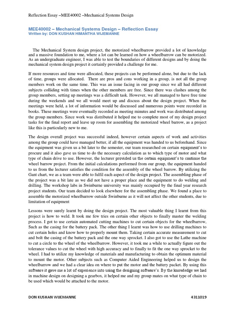 Reflection on Mechanical Design Project | PDF | Mechanical Engineering ...