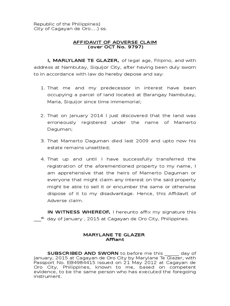 Affidavit of Adverse Claim in Siquijor | PDF