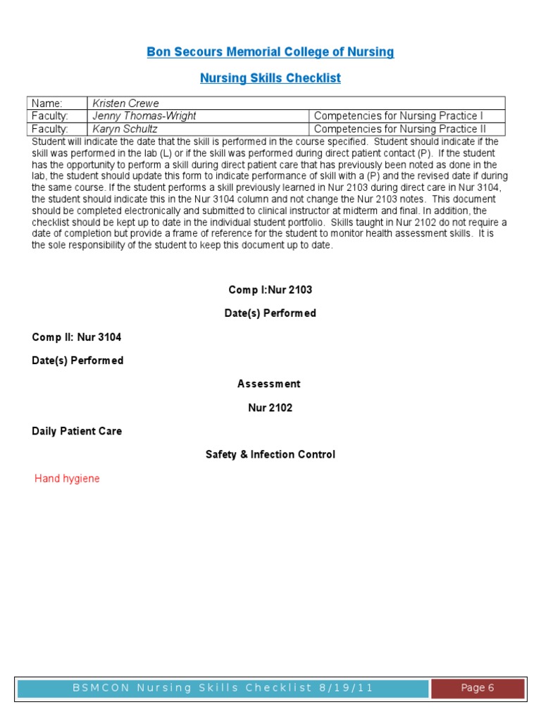 Nursing Skills Checklist | PDF