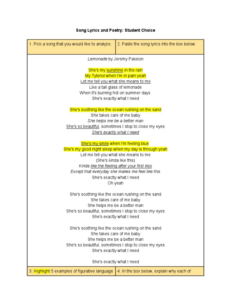 Lemonade by Jeremy Passion Song Lyrics and Poetry Student Choice PDF