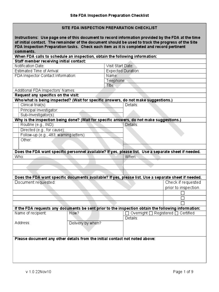 Site FDA Inspection Preparation Checklist v1 (1) .0 22nov10 | PDF ...