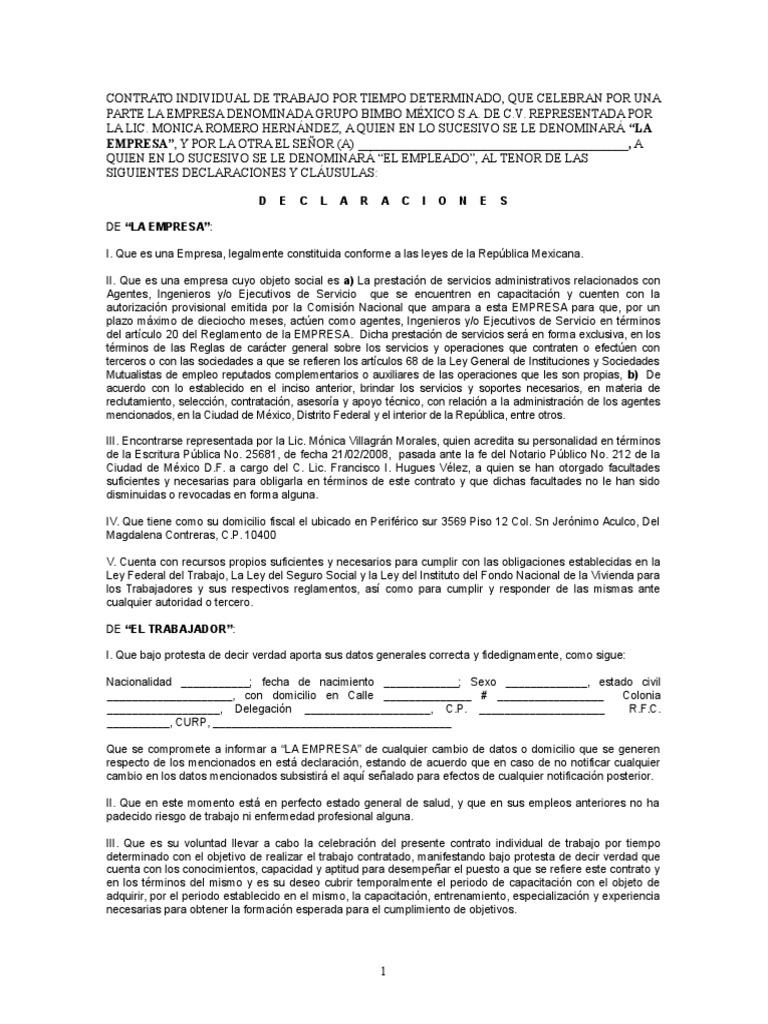 Ejemplo De Contrato Individual De Trabajo Por Tiempo