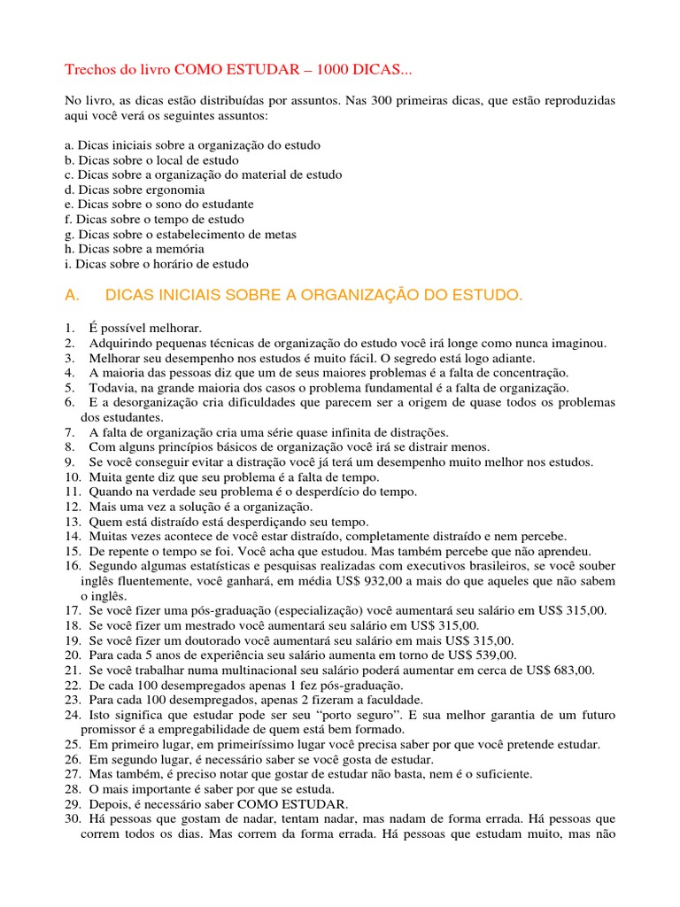 Dicas Práticas para Estudar Eficazmente | PDF | Dormir | Dicionário