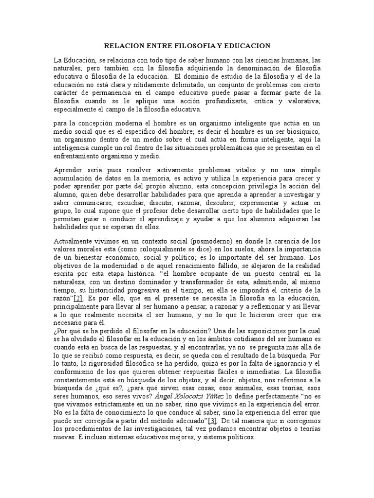 Relacion Entre Filosofia y Educacion PDF Conocimiento