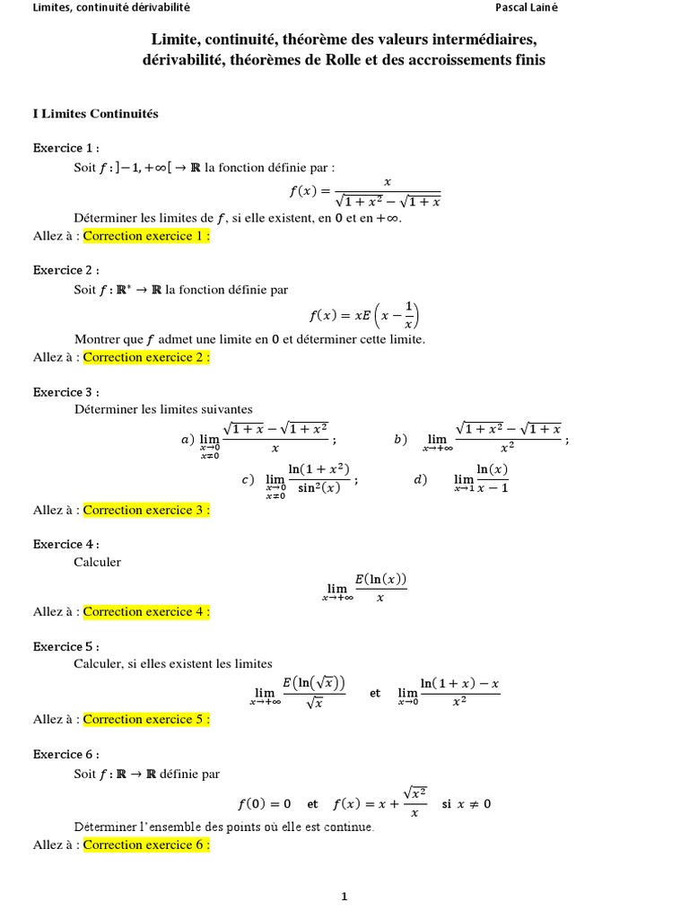 Exercices Corriges Limites Continuite Derivabilite (1) Limite (mathématiques) Fonction monotone