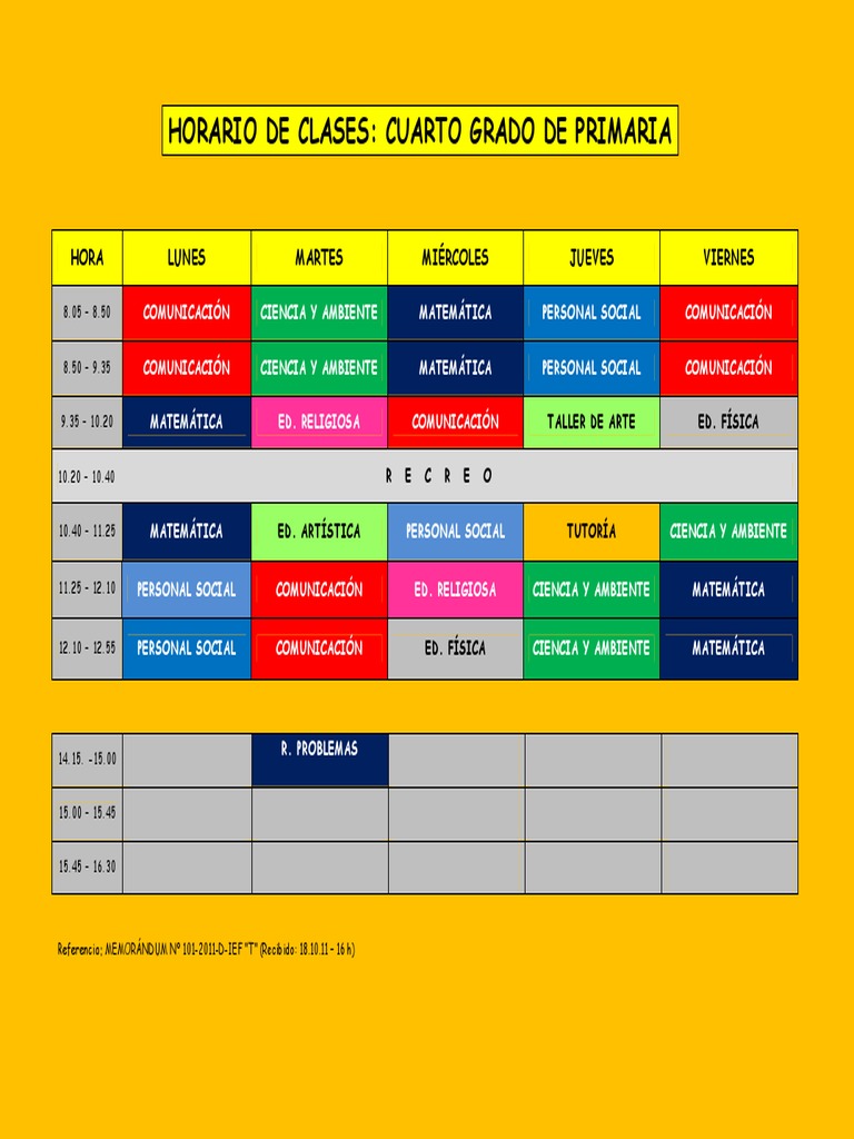 Horario Clases Cuarto Grado Primaria | PDF