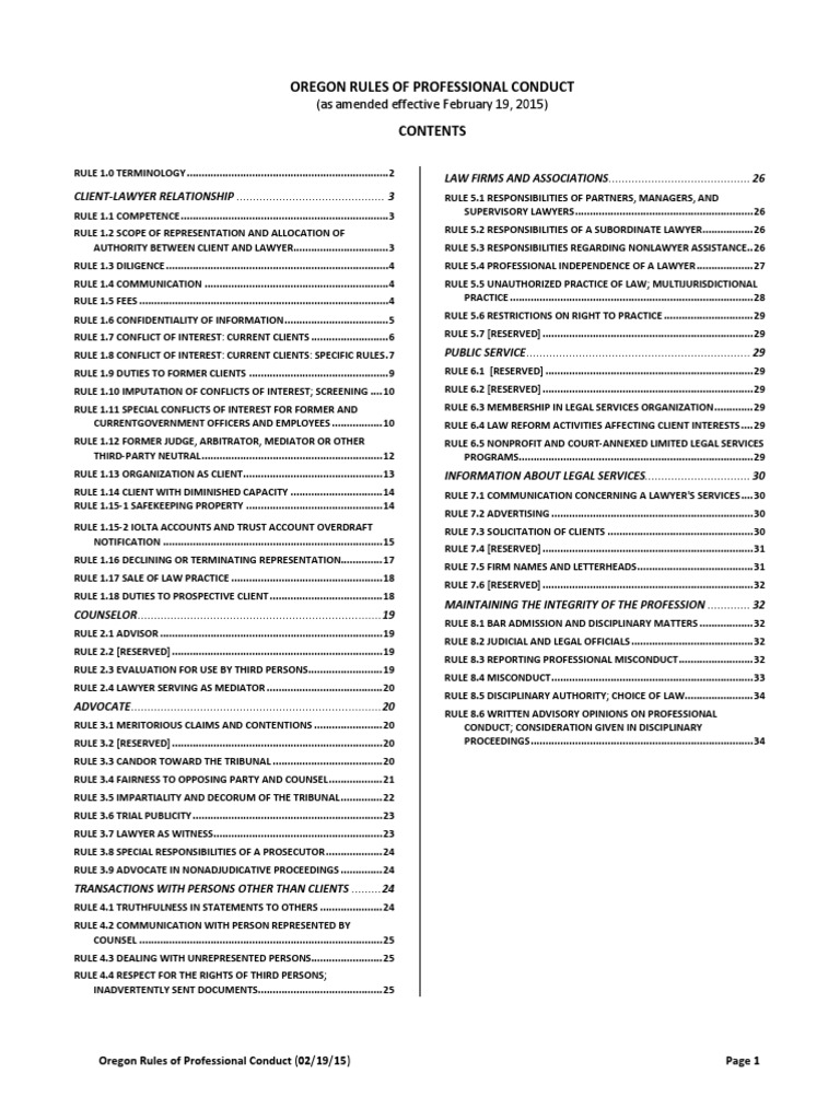 Oregon rules of professional conduct as amended effective february 19