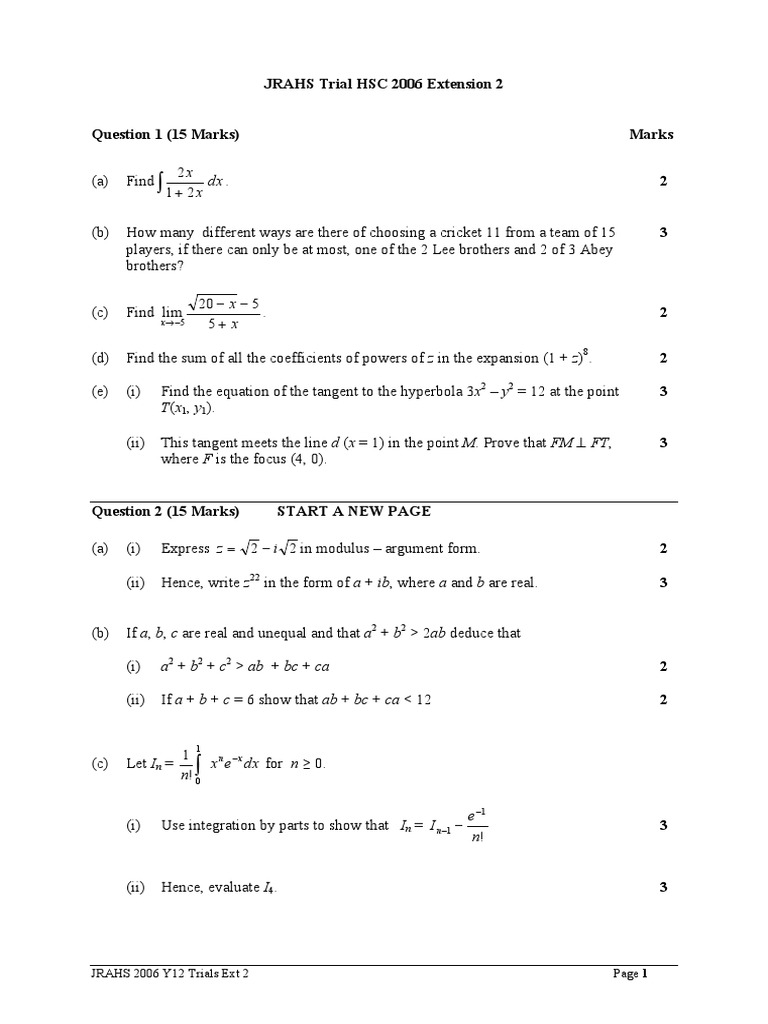 2006 James Ruse 4 Unit PDF Tension (Physics) Trigonometric Functions