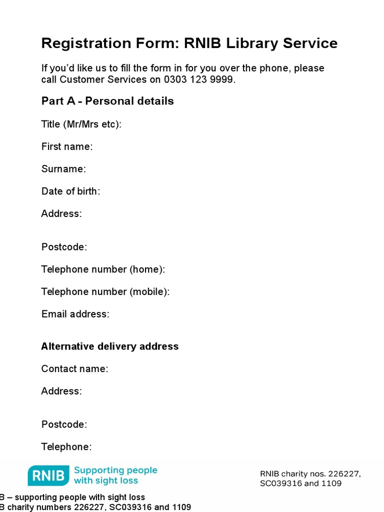 RNIB Library Registration Form (November 2015) 0 PDF Audiobook Visual Impairment