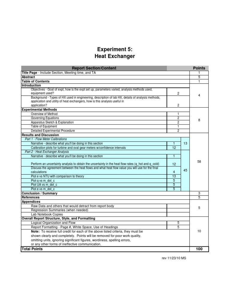 Experiment 5 Heat Exchanger Report Section/Content Points PDF