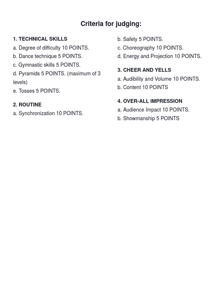 Criteria For Judging CHEERDANCE PDF Indoor Sports Gymnastics