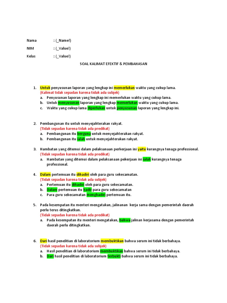 Soal Kalimat Efektif &amp; Pembahasan