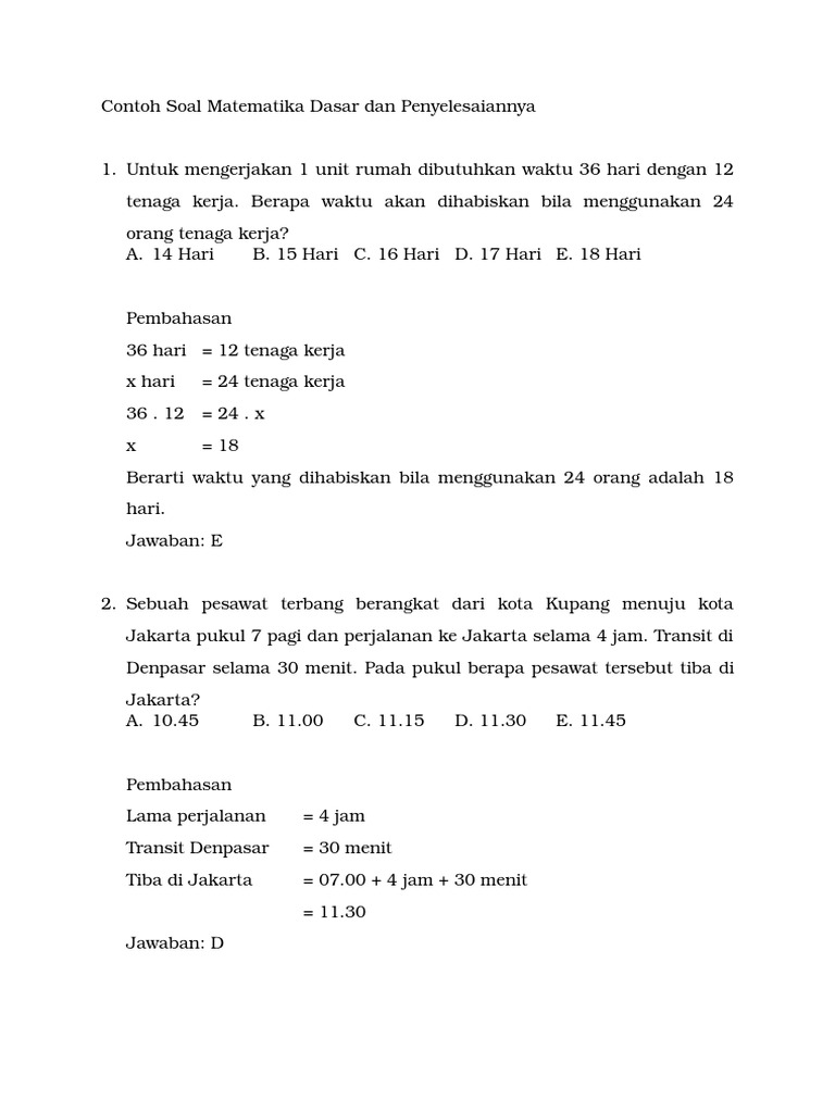 Contoh Soal Matematika Dasar Dan Penyelesaiannya