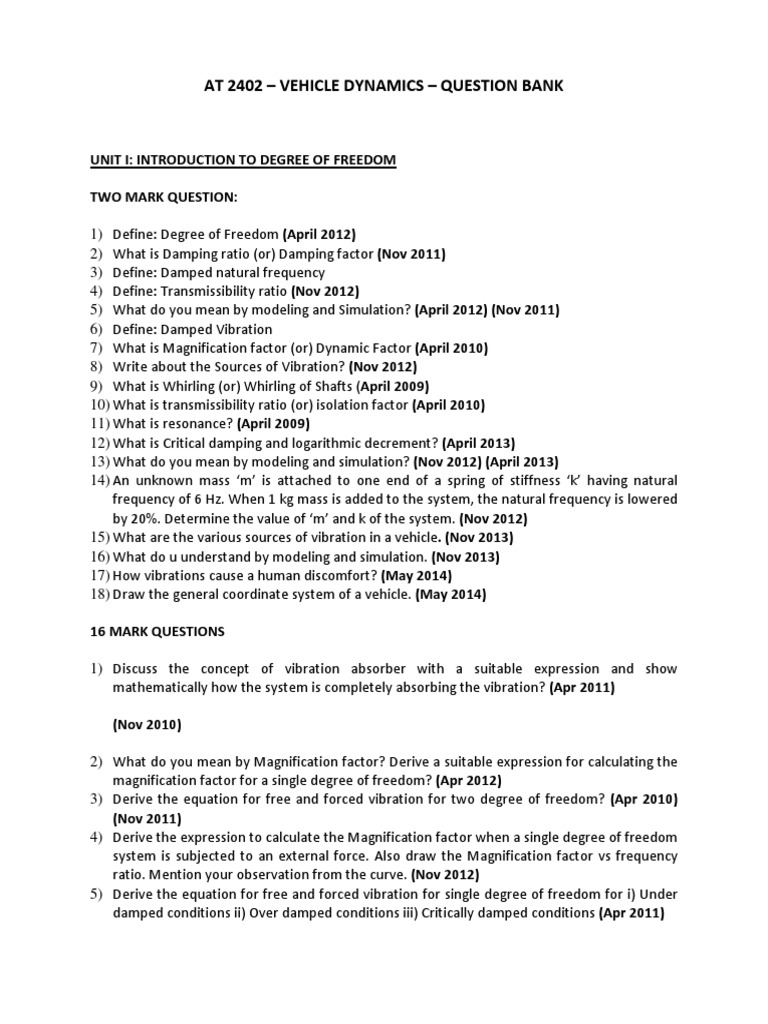Vehicle Dynamics Question Bank PDF Suspension (Vehicle) Tire