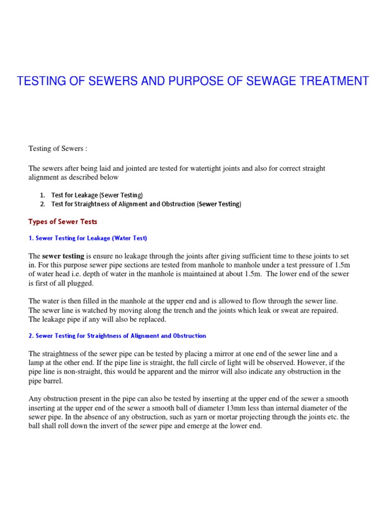Testing of Sewers and Purpose of Sewage Treatment | Download Free PDF ...