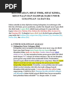 Laporan KELIMPAHAN, SIFAT FISIK, SIFAT KIMIA, KEGUNAAN DAN DAMPAK DARI UNSUR GOLONGAN IA DAN IIA