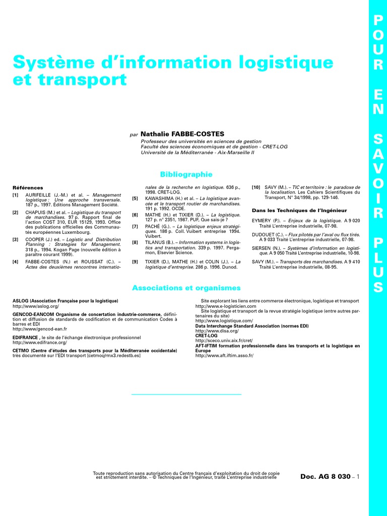 Cours  Techniques de l'Ingénieur  Système d'Information Logistique et
