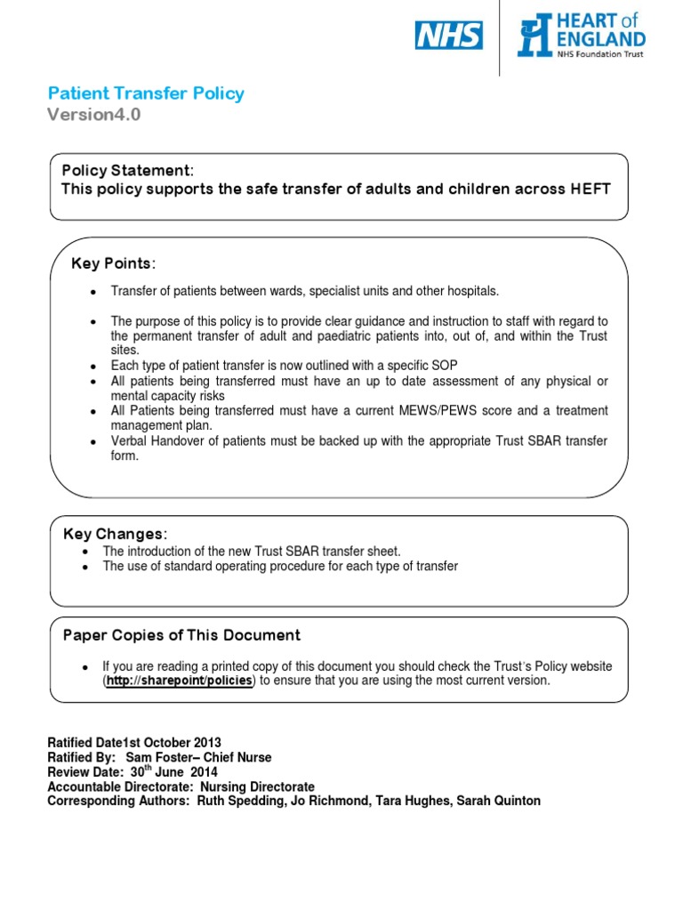 Patient Transfer Policy v4.0 Monitoring (Medicine) Nursing