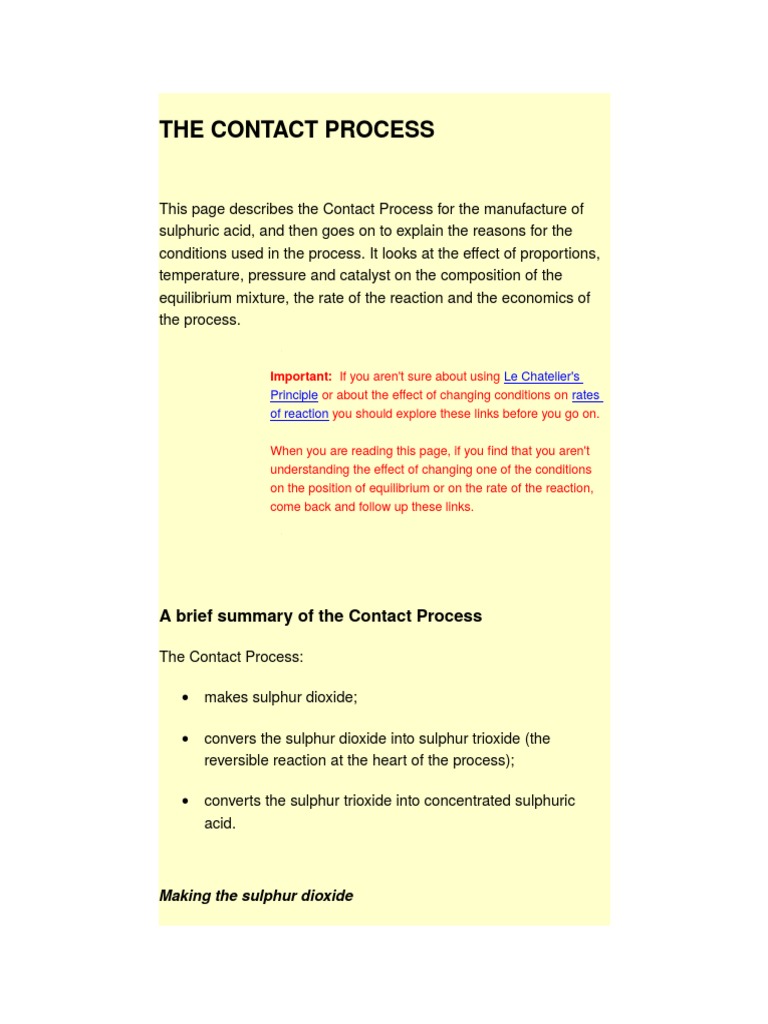 The Contact Process PDF Chemical Equilibrium Sulfuric Acid