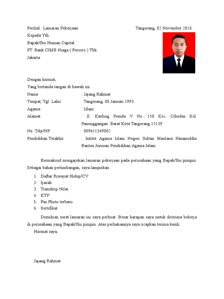 Surat Lamaran Kerja Bank CIMB Niaga  PDF