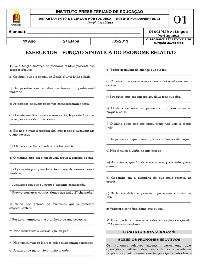 Exercícios sobre Pronomes Relativos 9º Ano | PDF | Pronome | Sintaxe