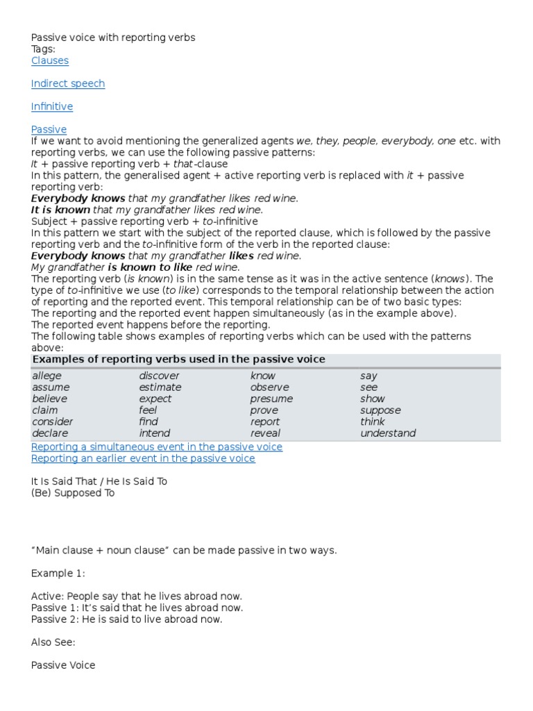 Passive Voice With Reported Verbs | PDF | Syntactic Relationships | Verb