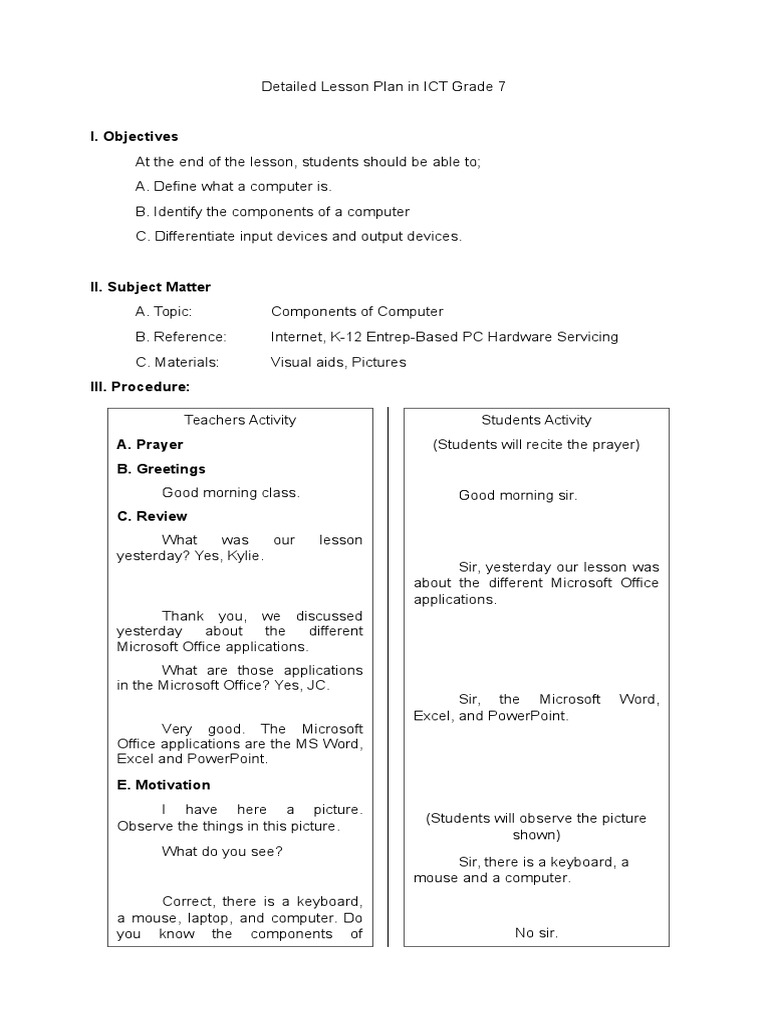 Detailed Lesson Plan in ICT Grade 1 | PDF | Input/Output | Computer ...