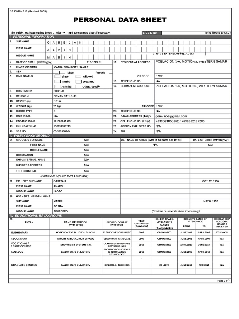 CS FORM 212 - PDS | Secondary School | Social Institutions