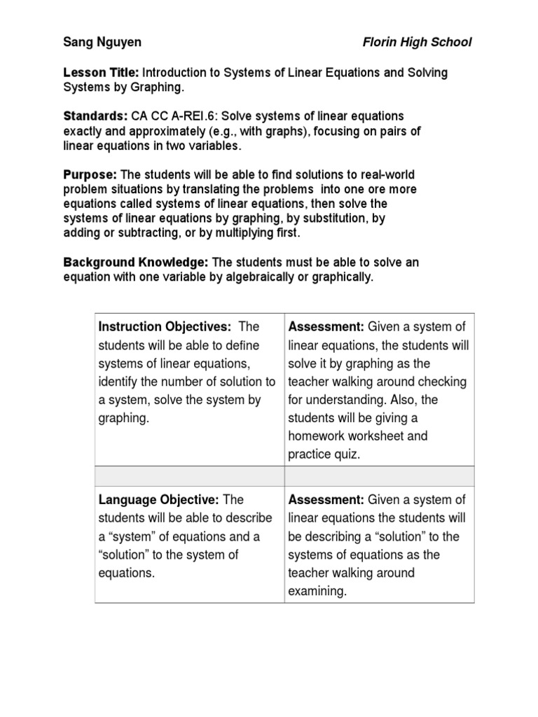 lesson plan 4 Equations System Of Linear Equations