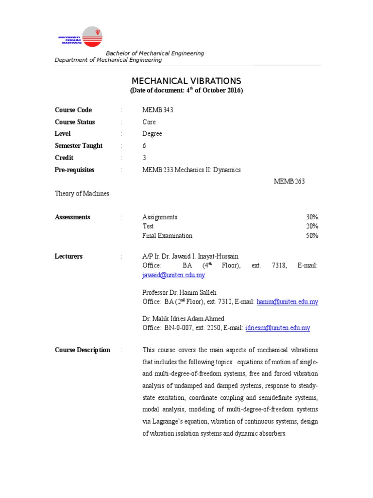 Mechanical Vibrations Course Guide | PDF