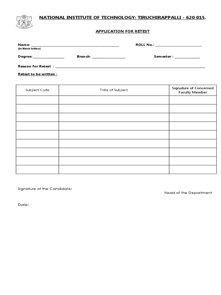 NIT Tiruchirappalli Retest Application Form | PDF