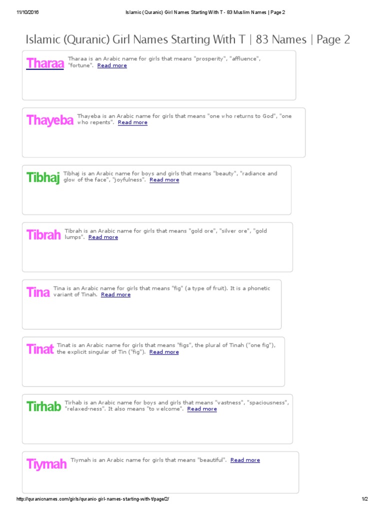 Islamic Quranic Girl Names Starting With T Muslim Names Page 2 Pdf Arabic Quran